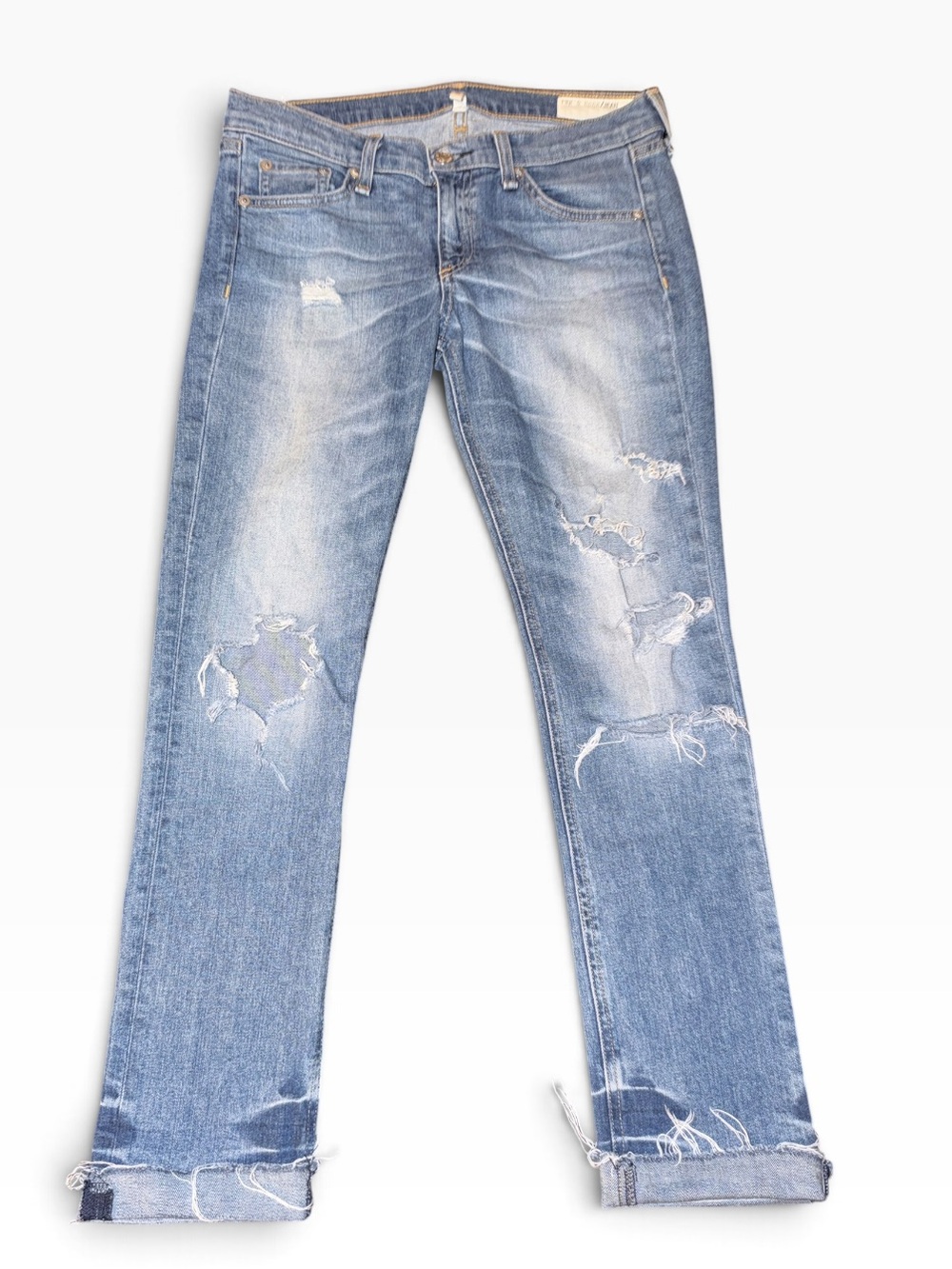 Rag & Bone Jean Distressed Cuffed Crop Skinny Jeans Medium Wash Size 28